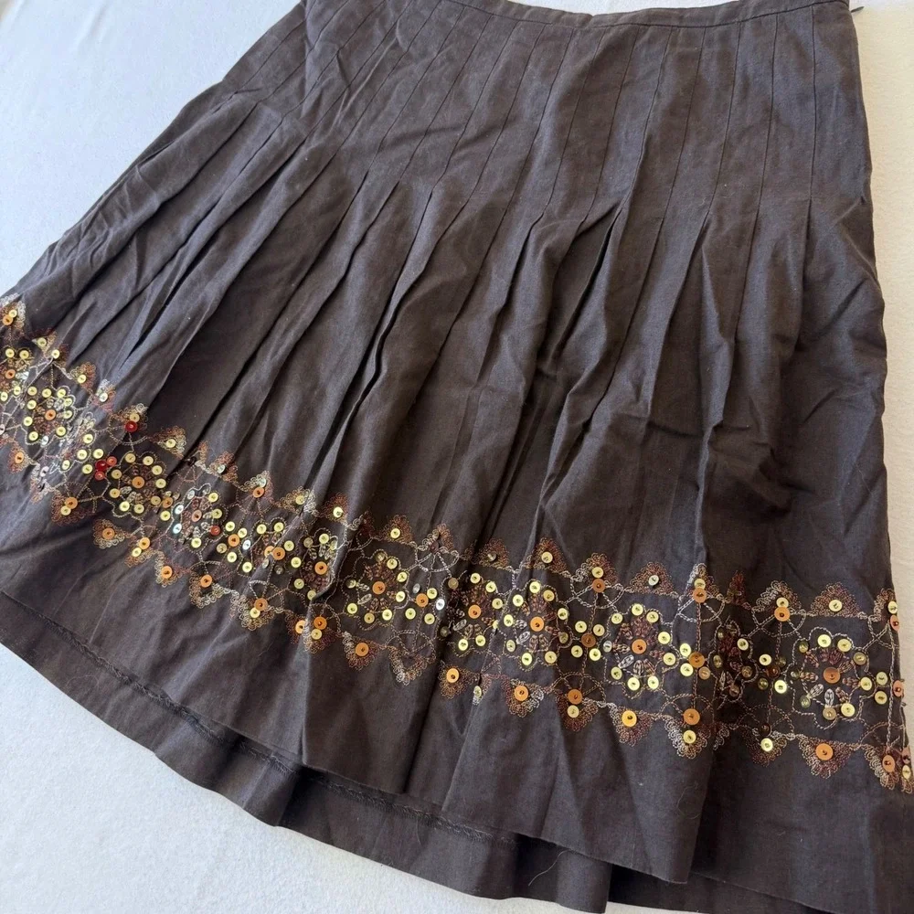 Ann Taylor Loft Brown Linen Blend Pleated Sequin Hem A-Line‎ Skirt Womens 10